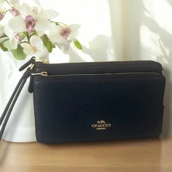 Coach Midnight Pebbled Leather Double-Zip Wristlet | Gold Hardware NWT $198 MSRP - Picture 5 of 16